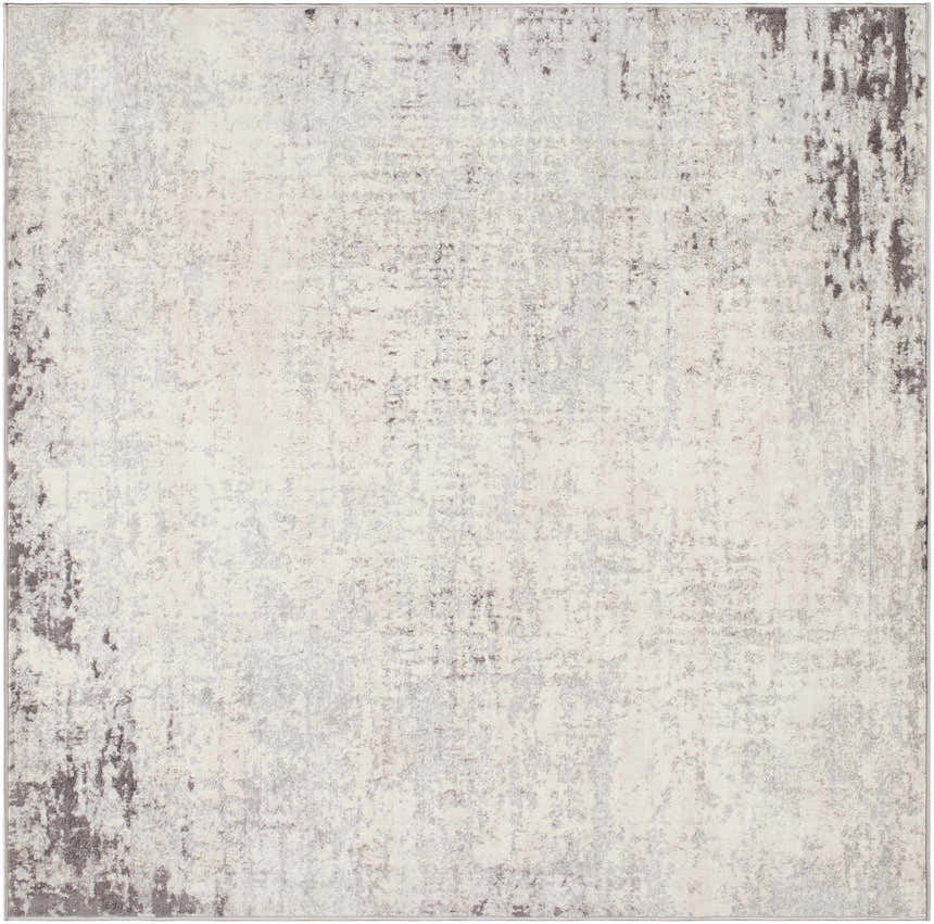 Close-up of the Kalanganan Abstract Gray Rug, featuring a distressed charcoal, gray, and off-white pattern. Design-Square-67