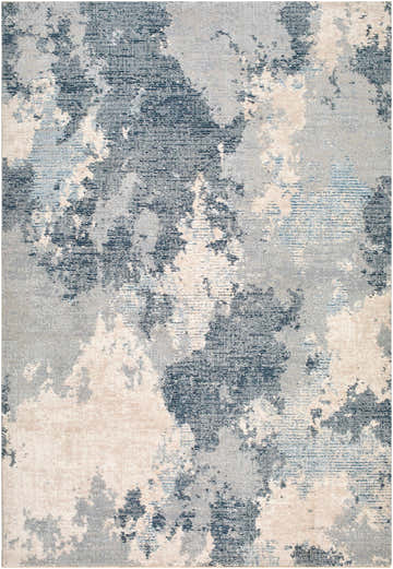 Close-up of the Keme Area Rug. Contemporary style rug with charcoal, gray, and beige abstract pattern. 100% Polyester. Design-Rectangle-579