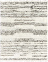 Close-up of the Kingsthorpe Area Rug. Cream and taupe shag rug with a hand-woven, horizontal striped Moroccan design. Design-Rectangle-810