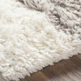 Close up of the hand woven Kingsthorpe Area Rug showing cream and taupe shag texture. Texture