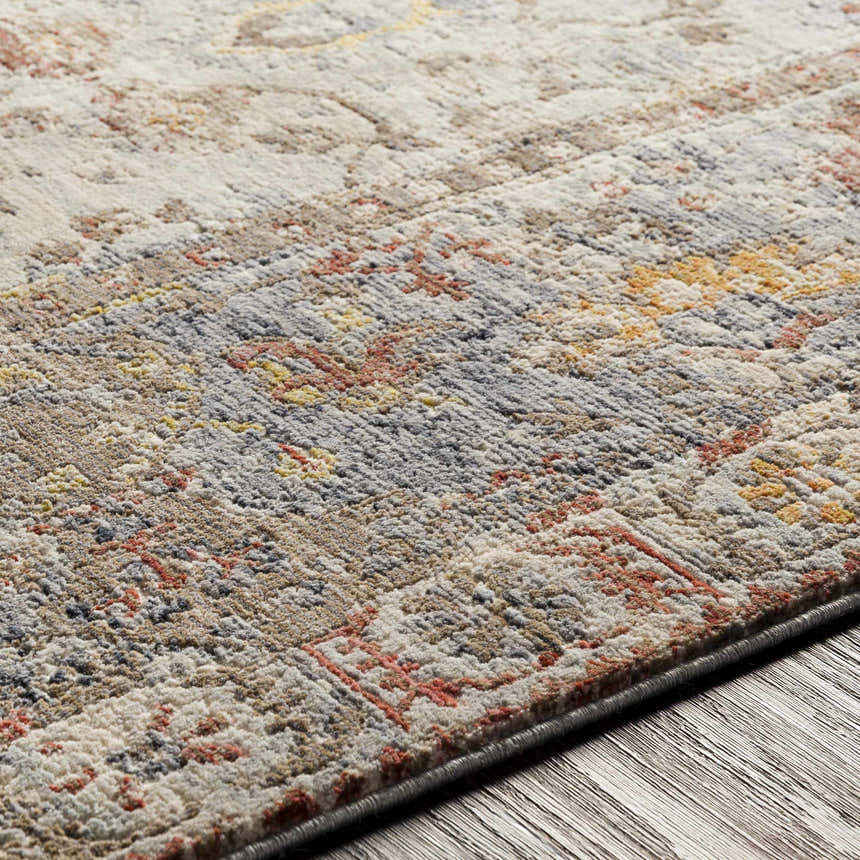 Close-up of the Knottsville Area Rug showing its traditional pattern and colors: ivory, gray, orange, and yellow. Texture
