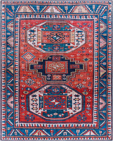 Detailed close-up of the Kodiak Red&Blue Oriental Area Rug, featuring traditional geometric patterns and rich colors. Design-Rectangle-7696