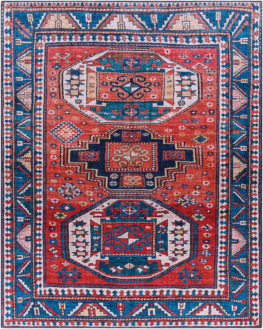 Detailed close-up of the Kodiak Red&Blue Oriental Area Rug, featuring traditional geometric patterns and rich colors. Design-Rectangle-7696