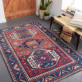 Entryway with Kodiak Red&Blue Oriental Area Rug, woven bench, wood door, and plants. Farmhouse style. Roomscene-Rectangle