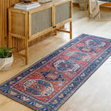 Living room scene with Kodiak Red&Blue Oriental Area Rug, wood cabinet, and light wood floors. Farmhouse style. Roomscene-Runner