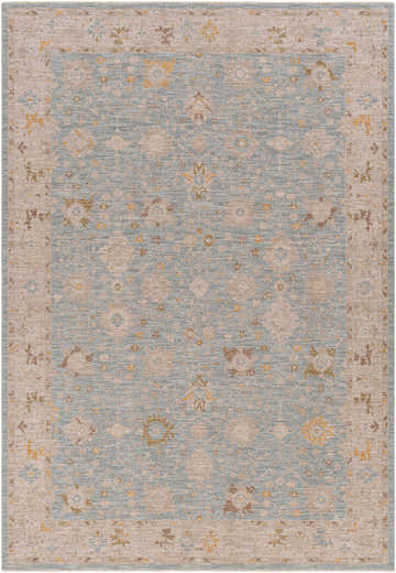 Detailed view of the Kofi Thick Luxe Area Rug with amber, brown, olive, gray, mustard, and taupe floral pattern. Design-Rectangle-6796
