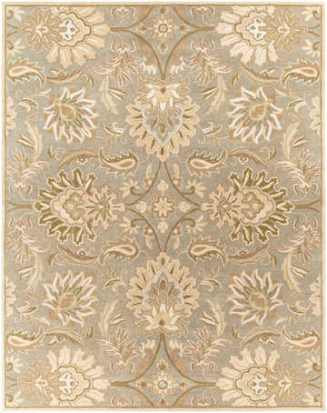 Close-up of the Chesterton Hand Tufted Ivory 1111 Area Rug. Features a traditional floral pattern in ivory, sage, and light brown. Design-Rectangle-7696