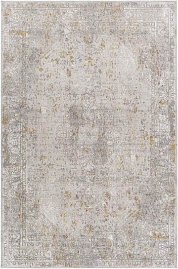 Close-up of Kolin Textured Luxe Area Rug featuring a traditional pattern in brown, light gray, mustard, off white, and taupe. Design-Rectangle-6796