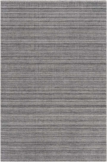 Close-up of the hand-loomed Koyulhisar Area Rug. Charcoal, cream, and gray recycled PET yarn with a contemporary design. Design-Rectangle-576