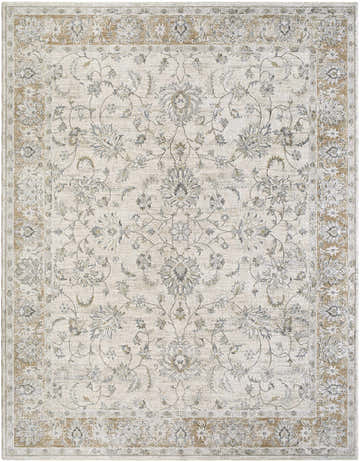 Close-up of the Kerem Cream Thick Luxe Damask Rug. Features a traditional floral damask pattern in cream, gray, and light brown tones. Design-Rectangle-710103