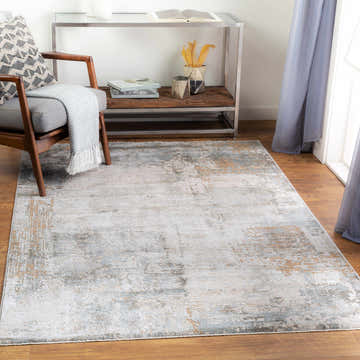 Living room scene with a Kress Thick Luxe Abstract Rug in charcoal, sage, and white. Modern chair, console table, and wood floors. Roomscene-Rectangle