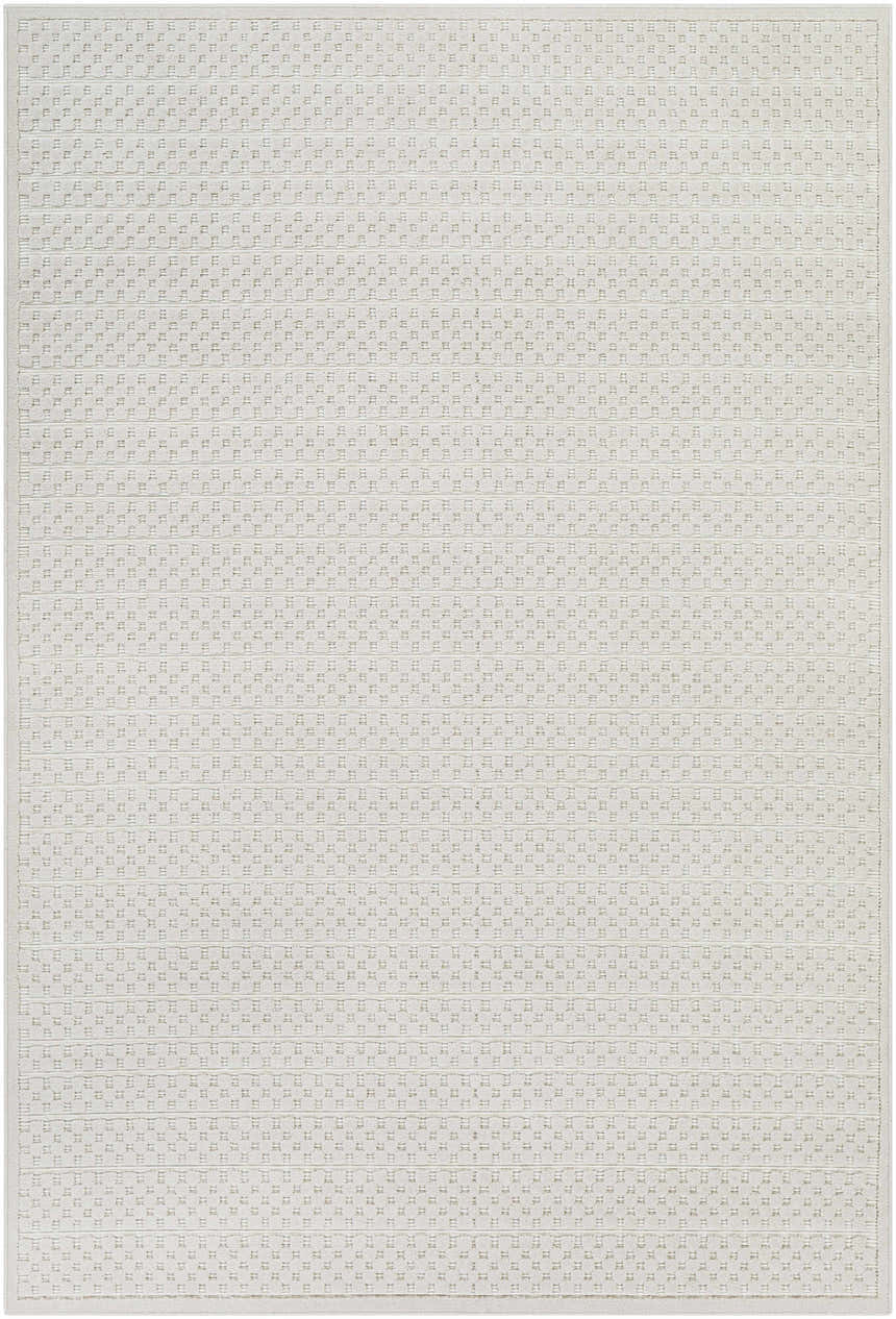 Close-up of the Kirkburton Beige Outdoor Rug. Contemporary style with a subtle geometric pattern and light beige color. Design-Rectangle-5373