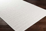Close-up of the Kirkburton Beige Outdoor Rug showing its textured, contemporary design and light beige and charcoal colors. Corner