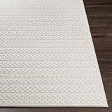 Close-up of the Kirkburton Beige Outdoor Rug showing a textured, geometric pattern in light beige on dark wood flooring. Front