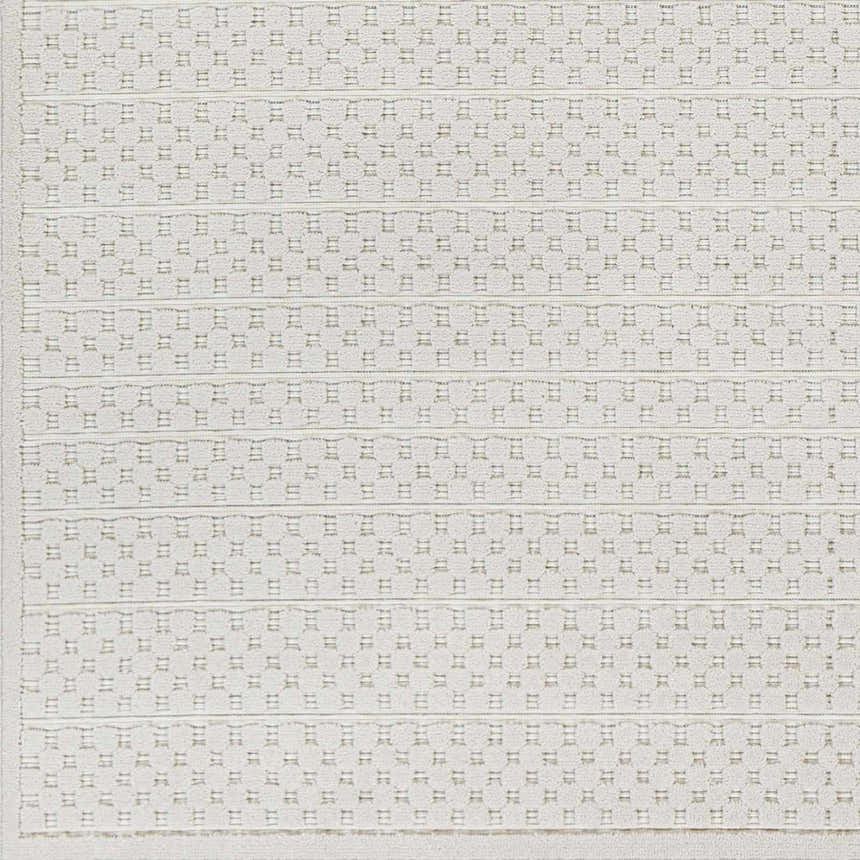 Close-up of the Kirkburton Beige Outdoor Rug, showing the contemporary geometric pattern and woven texture. Swatch