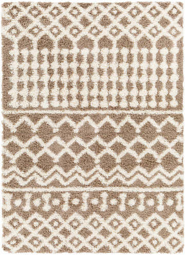 Close-up of Kato Shag Area Rug with bone and nutmeg geometric pattern. Soft, textured shag rug. Design-Rectangle-5373