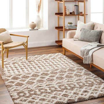 Living room with a bone and brown geometric Kato Shag Area Rug, light sofa, and wood accents. Roomscene-Rectangle