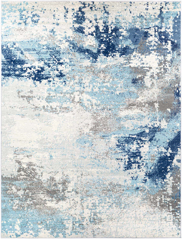 Close-up of Kuluin Area Rug with abstract aqua, charcoal, dark blue, gray, and off white pattern. Design-Rectangle-710103