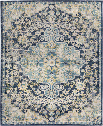 Close-up of the Kurnell Area Rug. Machine-woven polypropylene rug in aqua, ink blue, off-white, slate and yellow. Oriental pattern. Design-Rectangle-71010