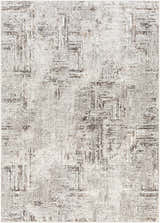 Close-up of the Kutloanong Area Rug. Contemporary design in charcoal, gray, and ivory hues. Machine woven polyester texture. Design-Rectangle-537