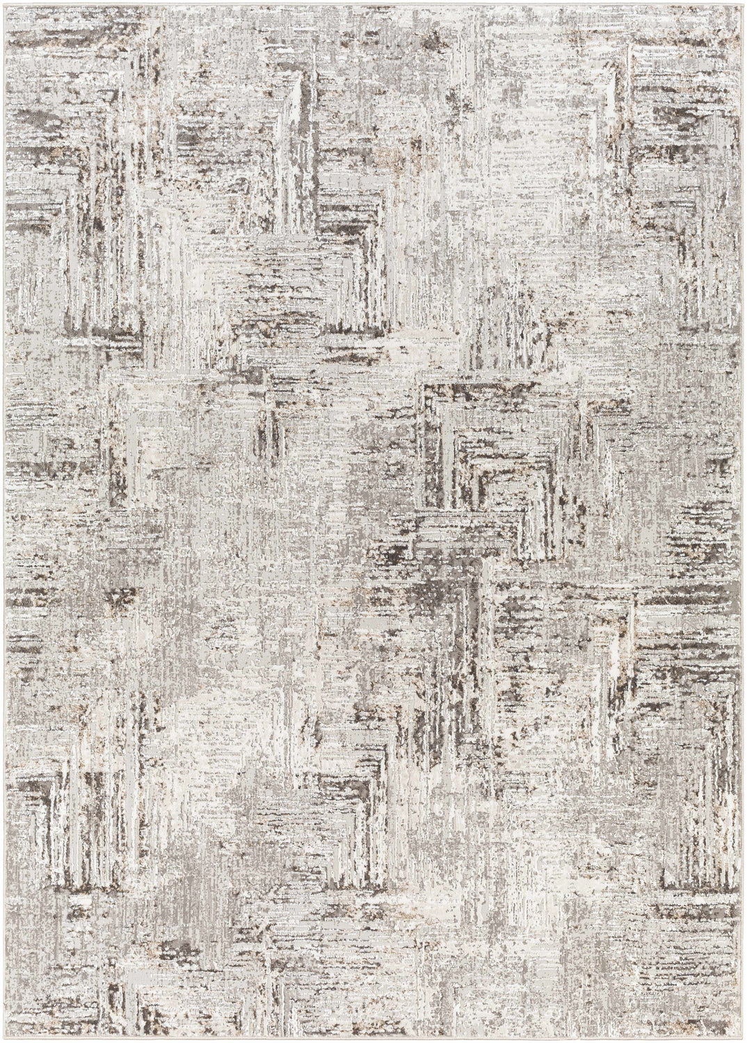 Close-up of the Kutloanong Area Rug. Contemporary design in charcoal, gray, and ivory hues. Machine woven polyester texture. Design-Rectangle-537