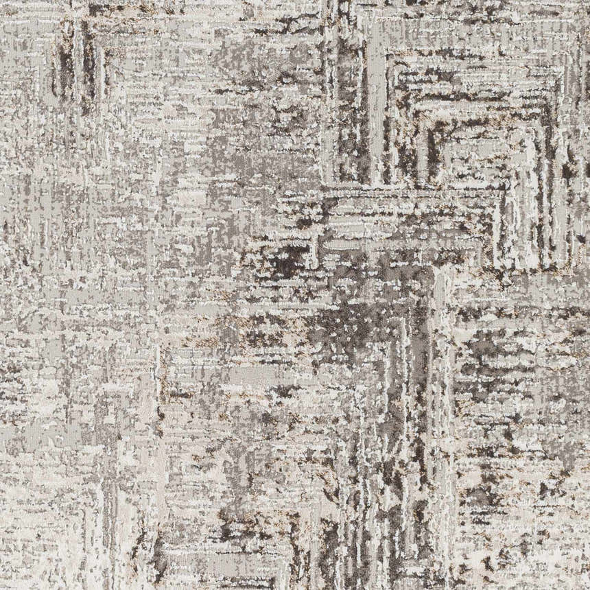 Close-up of the Kutloanong Area Rug. Abstract design in charcoal, gray, and ivory hues. Contemporary style. Swatch