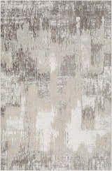 Close-up of Kuyucak Washable Area Rug. Abstract design in brown, cream, gray, light beige, and taupe. Machine woven texture. Design-Rectangle-537
