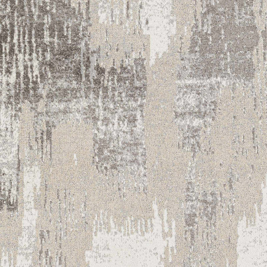 Close-up of Kuyucak Washable Area Rug featuring a contemporary abstract pattern in brown, cream, gray, and light beige tones. Swatch