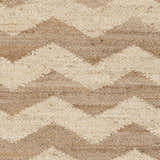 Close-up of Ladybank Jute Carpet showing beige and tan chevron pattern and natural jute texture. Swatch