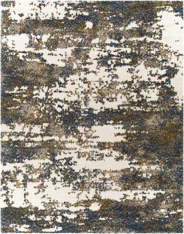 Close-up of the Lafontaine Boutique Area Rug. Cream shag rug with dark blue, brown, gray, and mustard abstract pattern. Design-Rectangle-71010