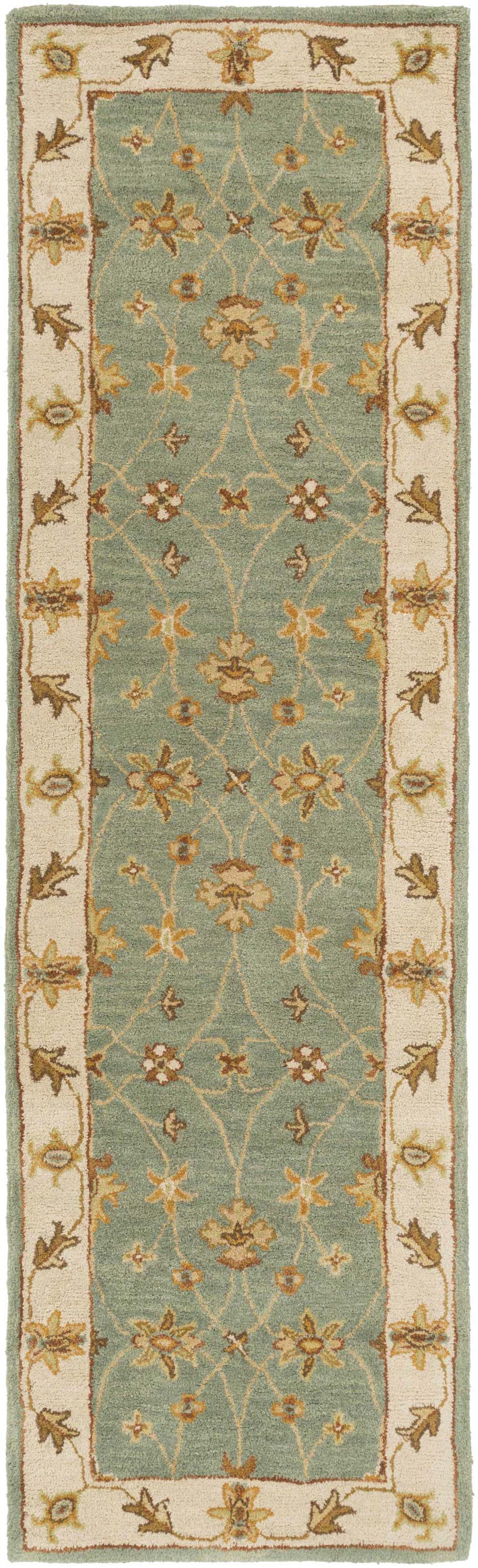 Close-up of the Lagrange Sage Regency Wool Carpet featuring a sage green field and beige floral border. Design-Runner-38