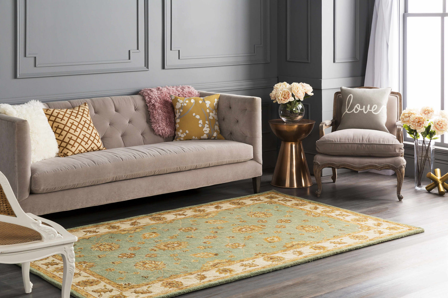 Living room scene with a Lagrange Sage Regency Wool Carpet, beige sofa, and gray walls. Roomscene-Rectangle