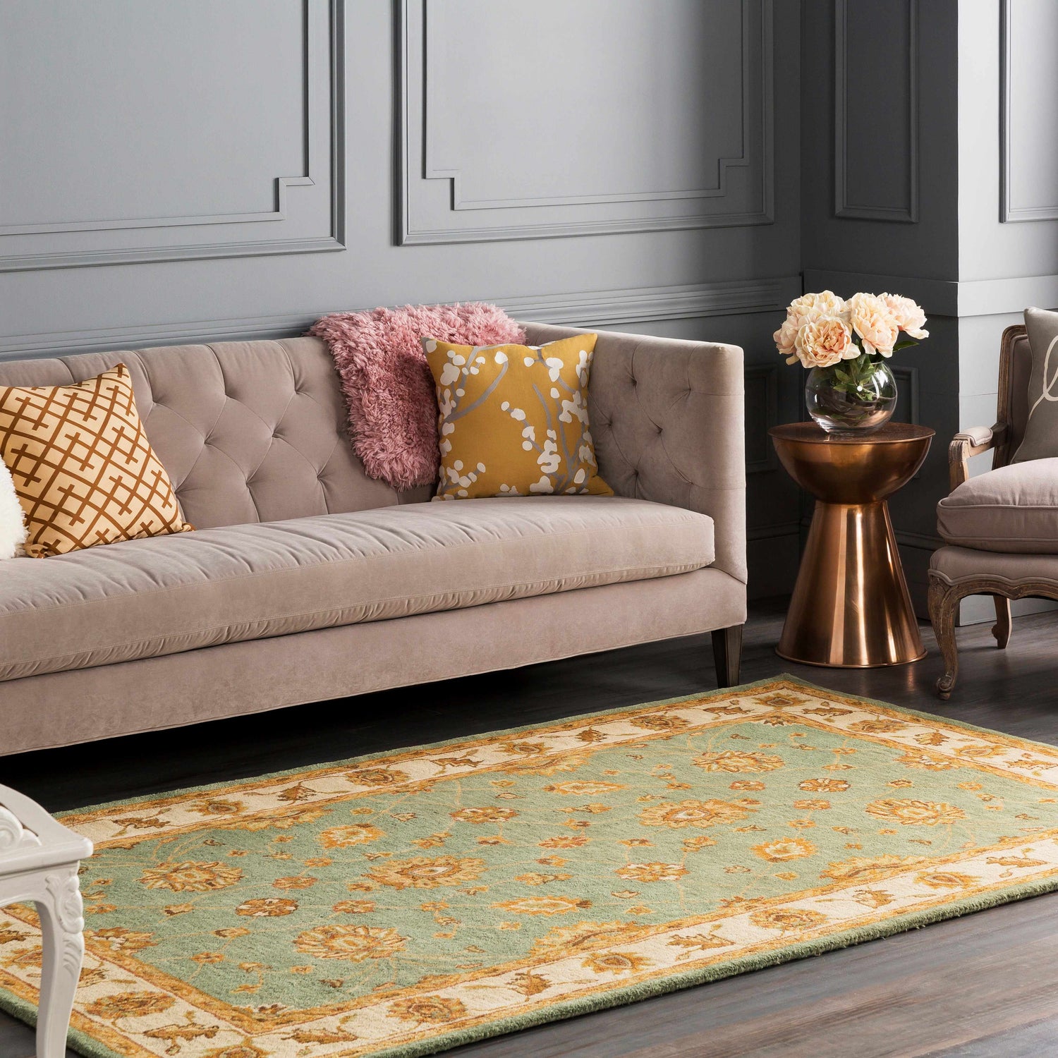 Living room scene with a Lagrange Sage Regency Wool Carpet, beige sofa, and gray walls. Roomscene-Rectangle