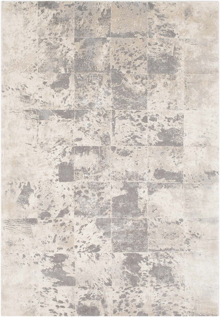 Close-up of the Lares Area Rug. Charcoal, light beige, medium gray, and tan tones with a contemporary animal pattern. Design-Rectangle-5376