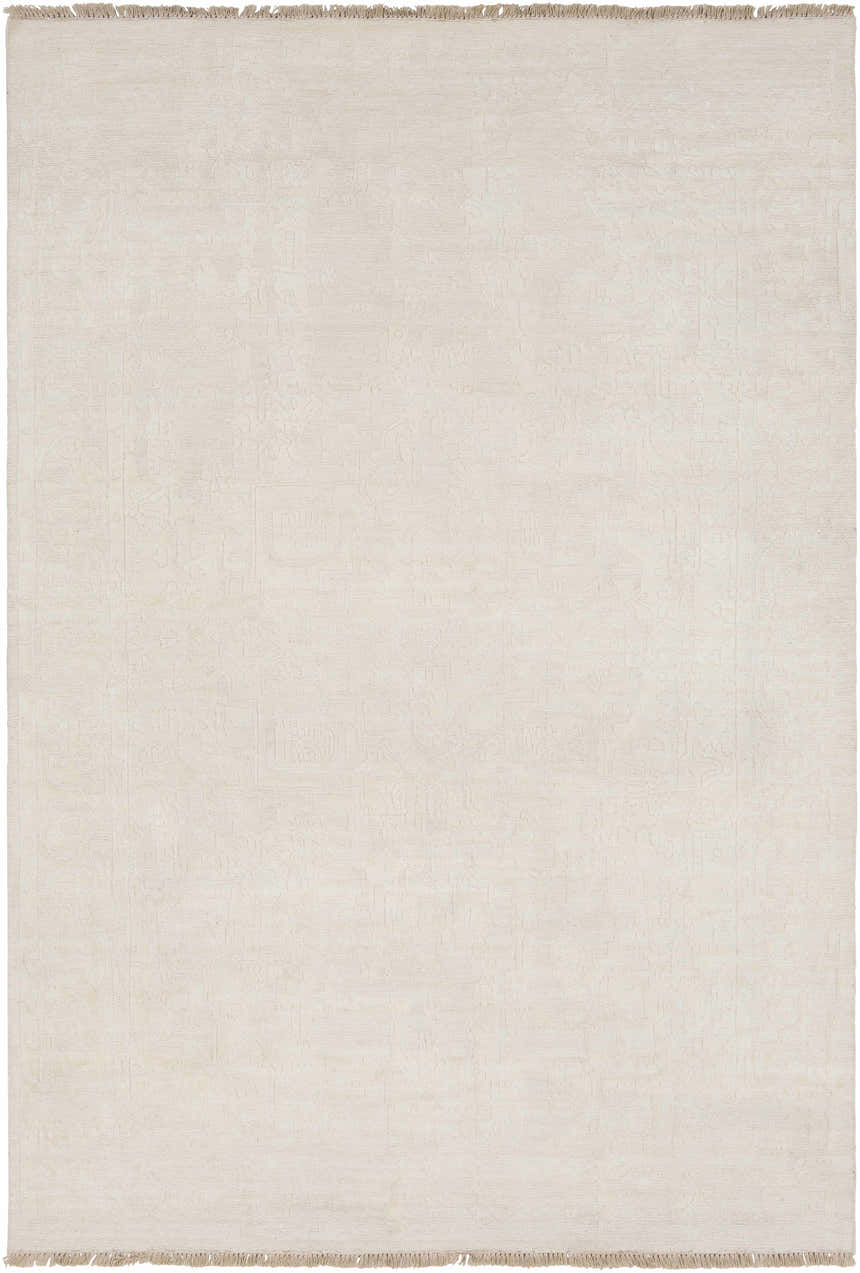 Close-up of the hand-knotted Larimer Area Rug. Cream wool rug with subtle, vintage-inspired pattern and fringe. Design-Rectangle