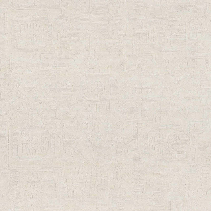 Close-up of the hand-knotted Larimer Area Rug. Cream-colored wool rug with subtle, geometric pattern and textured design. Swatch