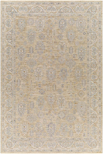 Close-up of the Coby Cream Avant Garde rug. Features a traditional pattern with brown, teal, and gray accents. Luxe, thick texture. Design-Rectangle-6796