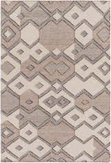 Close-up of the Latonia Area Carpet. Hand-woven wool rug with a geometric pattern in ivory, tan, and brown. Design-Rectangle-576