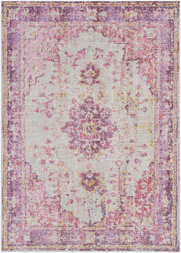 Close-up of the Laureldale Area Rug. Machine-woven polyester rug with a vintage, gray, lavender, and purple oriental-inspired design. Design-Rectangle-5373