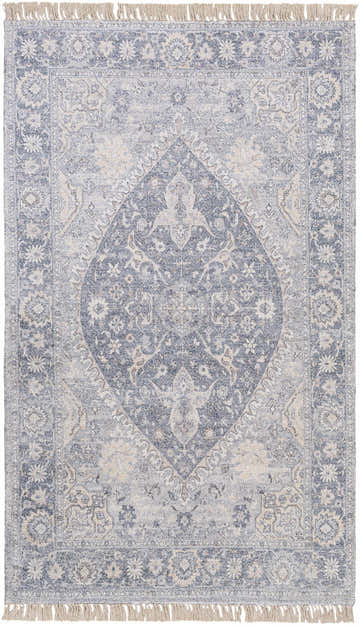 Close-up of the Laura Area Carpet. Hand-woven rug in beige, cream, and dark blue with a traditional, bohemian-inspired design. Design-Rectangle-576