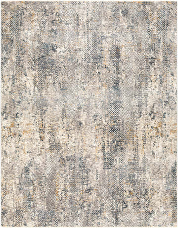 Close-up of the Lawnton Area Rug. Contemporary style with beige, blue, charcoal, and tan colors. Machine woven polyester rug. Design-Rectangle-710103