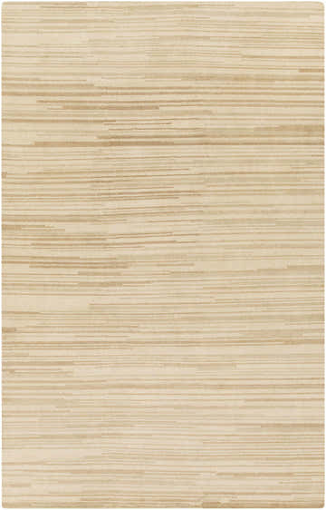 Close-up of the Elberton Area Rug, a hand-knotted wool rug with a subtle striped pattern in tan, light brown, and dark brown. Design-Rectangle-58