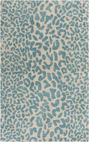 Close-up of the Lockbourne Leopard Print Area Rug. Teal animal spots on a light brown wool rug. Contemporary style. Design-Rectangle-58
