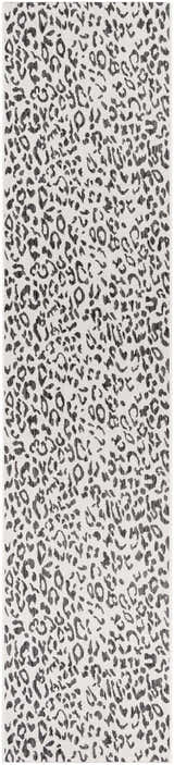 Close-up of Alderbury White Leopard Print Rug. Black and charcoal animal spots on an off-white, machine woven polypropylene rug. Design-Runner-2712