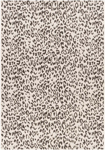 Close-up of the Alderbury White Leopard Print Rug. Black leopard spots on an off-white, machine-woven polypropylene rug. Design-Rectangle-537