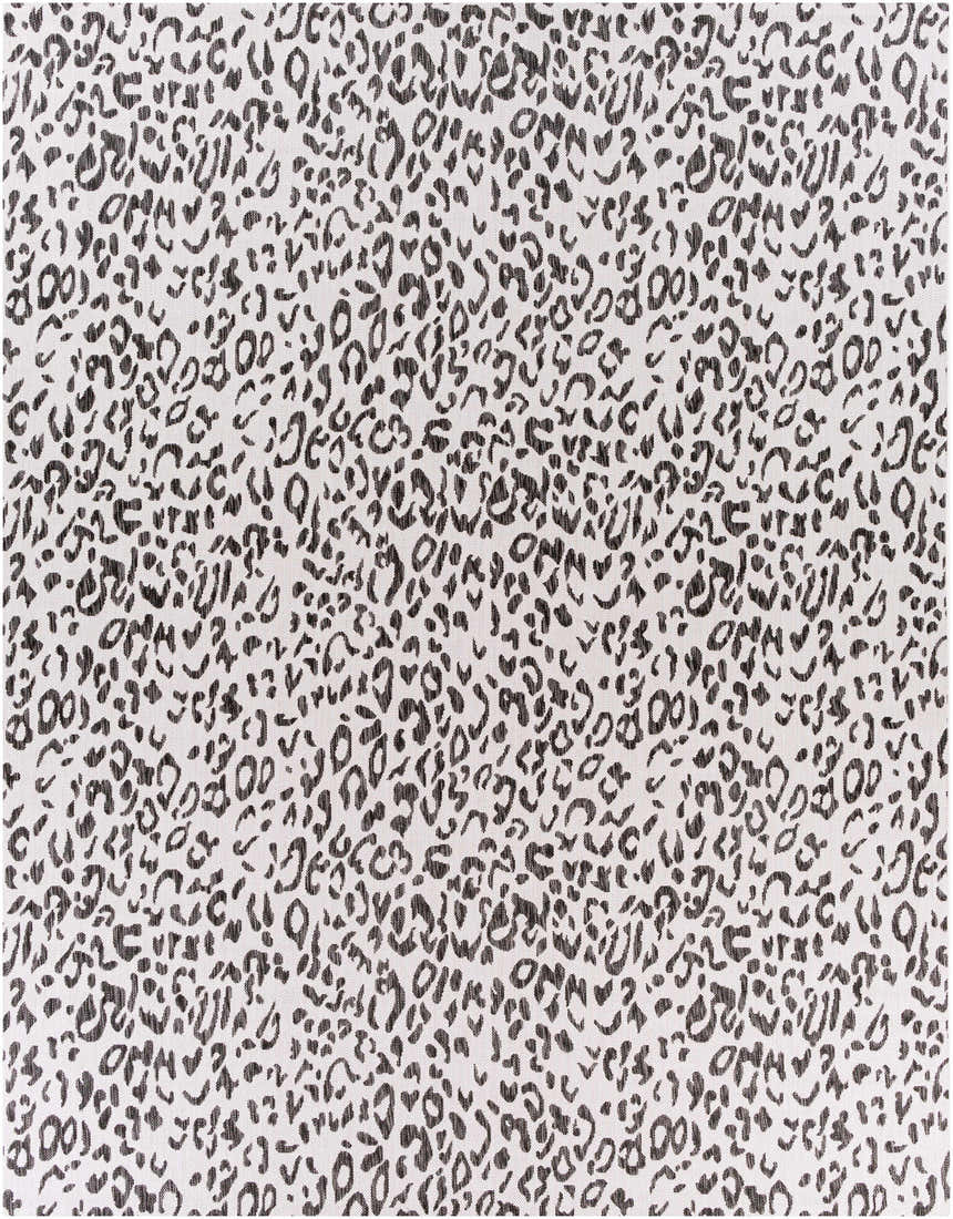 Close-up of Alderbury White Leopard Print Rug. Black animal spots on off-white polypropylene rug. Contemporary style. Design-Rectangle-710102