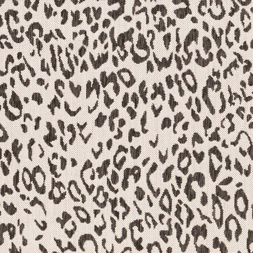 Close-up of Alderbury White Leopard Print Rug showing black animal spots on an off-white, textured polypropylene weave. Swatch