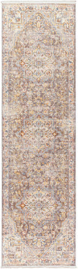Close-up of the LeChee Area Rug. Bohemian style runner rug in brick red, burnt orange, cream, and gray tones. Design-Runner-279