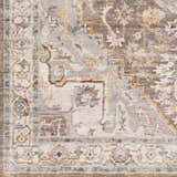 Close-up of the LeChee Area Rug: a detailed, machine-woven design with brick red, gray, and burnt orange hues. Bohemian style. Swatch