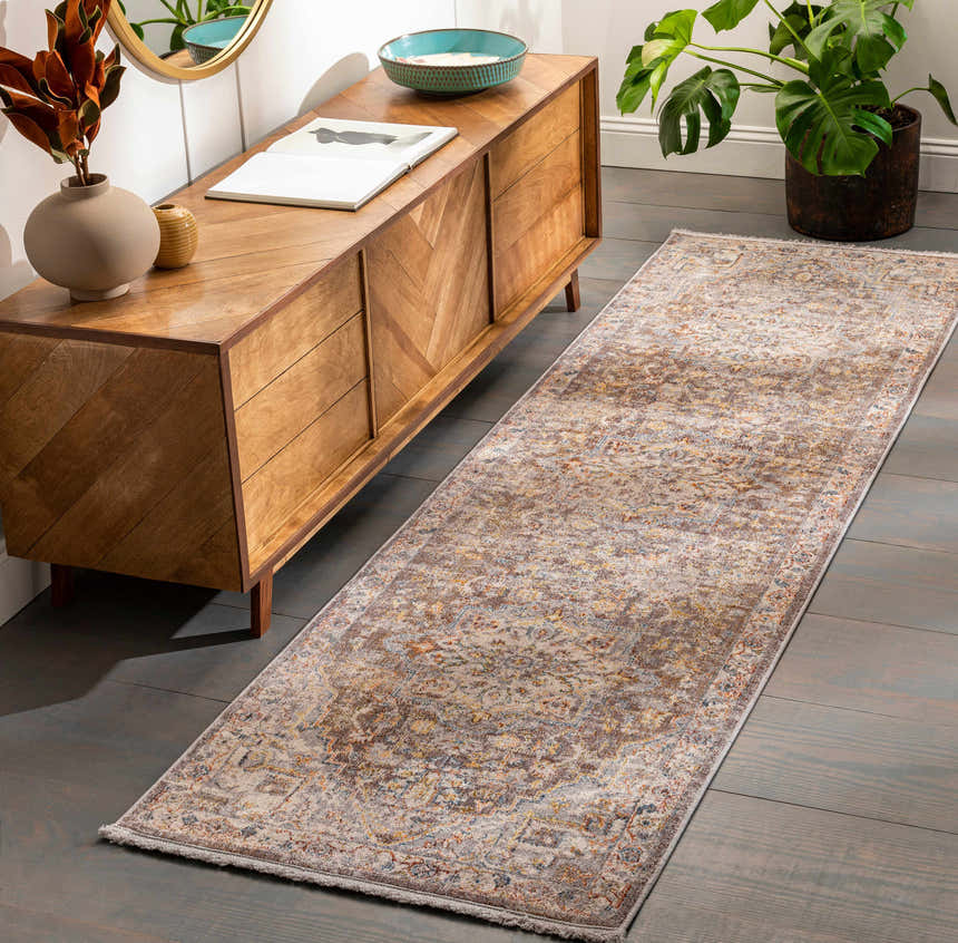 Entryway with LeChee Area Rug runner in brick red, burnt orange, cream, and blue. Wood console table and gray wood floors. Roomscene-Runner